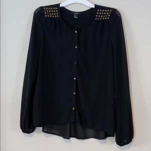 Stud Shoulder Sheer Black Button-Up Blouse
